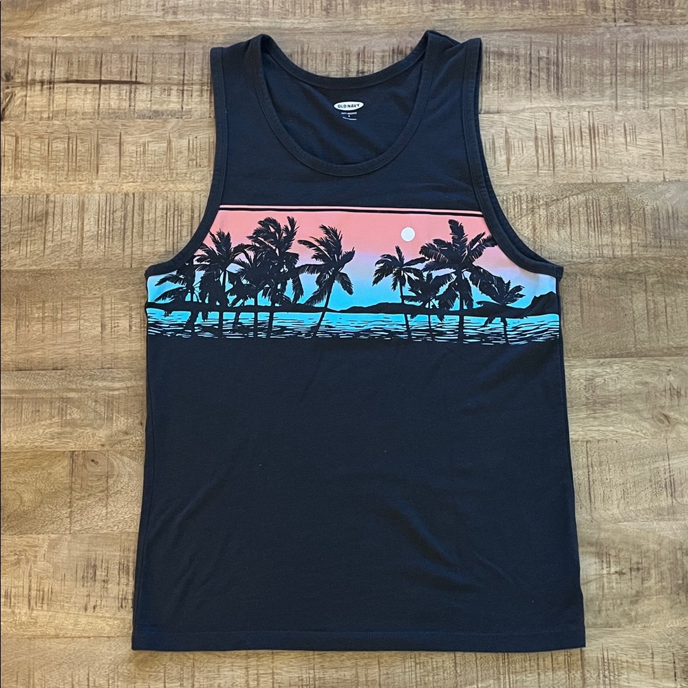 Old Navy Black Tank Top with Sunset Palm Design